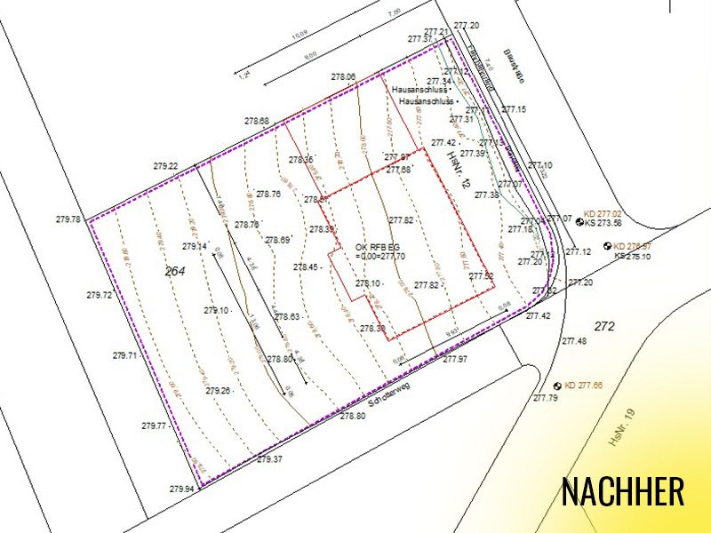 Digitaler Liegenschaftsplan-Ausschnitt zeigt Grundstücksgrenzen, Höhenlinien und Bauanschluss im Vermessungs¬verfahren