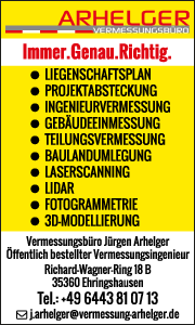 Banner vom Vermessungsbüro Arhelger mit Kontaktdaten, Leistungen wie Liegenschafts- und Grundstücksvermessung in Ehringshausen.