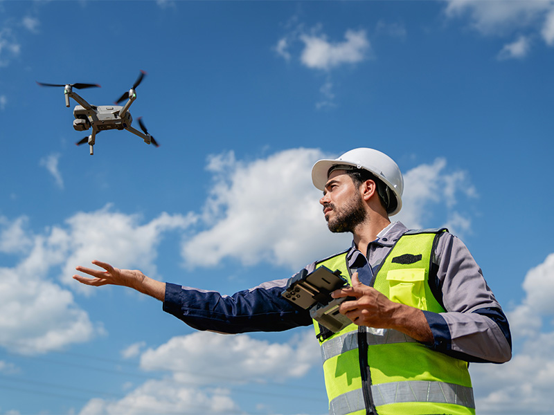 Techniker-Vermessung mit Drohne – modernes Vermessungsbüro im Einsatz zur Inspektion und Planung