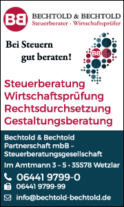 Banner von Bechtold & Bechtold in Wetzlar zeigt Leistungen wie Wirtschaftsprüfung, Steuerberatung und Unternehmensberatung für Firmenkunden